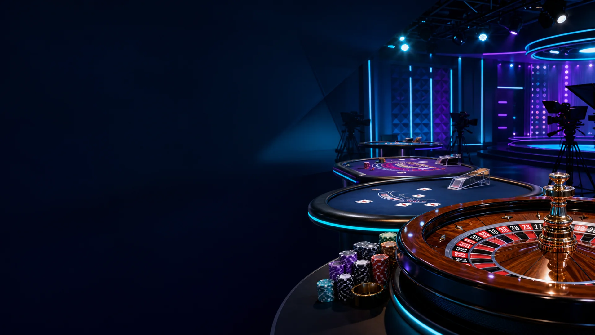 Cyan and violet live casino studio with roulette, blackjack and baccarat tables